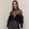 ISAROSE Sexy Skinny Rompers for Women Mesh Velvet Fashion Bodysuit Long Lantern Sleeve Deep V O Neck Back Zipper Black Tops 210422