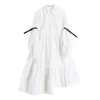 Automne Vintage femmes blanc longue robe fête ample taille haute manches élégant décontracté irrégulière plissage Maxi 210515