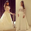 2021 A-line Wedding Dresses Bateau Lace Appliques Long Sleeves Garden Elegant Bow Bridal Gowns with See Through Back