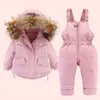 -30 Combinaison de neige pour bébé 0-4 ans 2pcs Ensemble bébé fille hiver doudoune et combinaison pour garçon enfants épaissir chaud col de fourrure veste H0917