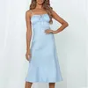 Vintage satin bleu robe de soirée femmes élégant sans manches club longue maxi robe vestidos de fiesta dos nu à lacets robe 210415