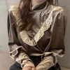 Весна сладкая мода блузка черная кружевная рубашка женщин осень золота бархата корейский стиль с длинным рукавом топы женские блюсы 12494 210527