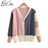 H.SA Women's Sweaters Autumn Winter Casual Plaid V-Neck Button Cardigans Patchwork Stripe Loose Sweater Poncho 210417