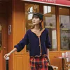 Spring Korean Sweater Women Vintage Navy Blue Cropped Collar Cardigan Knitted Outer Loose Long Sleeve Elegant Casual Tops 210417