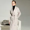 Manteau en laine double cachemire pour femmes col rabattu vagues manches longues mode manteau d'hiver vêtements d'extérieur avec ceinture