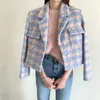 Élégant pied-de-poule cranté à manches longues épaissir chaud laine courte veste manteau femme plaid poche simple boutonnage vêtements d'extérieur 210416