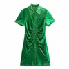 Vintage femmes vert velours Mini robe été mode dames plissé es décontracté femme Chic filles mignon 210527