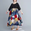 Johnature Vrouwen Patchwork Kleur Jurken Herfst Vintage O-hals Half Mouw Plus Size Dameskleding Koreaanse stijl Jurken 210521