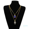 Egyptian Ankh Key of Life Bling Rhinestone Cross Pendant With Red Ruby Pendant Necklace Set Men Hip Hop Jewelry192Y