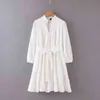 FLIGHITERIA Biała Koronkowa Sukienka Kobiety Bawełniana Latarnia Z Długim Rękawem Wiosna Jesień Hollow Out Button Sash Plised Quality 210427