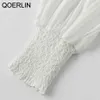 Qoerlin刺繍ブラウス女性エレガントなランタンスリーブホワイトブラウスolスタイリッシュパール装飾シフォンチックシャツプラスサイズ210412