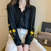Escritório senhora girada para baixo colarinho camiseta bordado floral mulheres blusa e tops preto chiffon roupas femininas 12863 210415