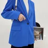 Chica de moda Slim Blazer Office Ladies Chaquetas de bolsillo Casual Femenino Trajes de manga completa Sólido Azul Mujeres Chic Conjuntos 210430