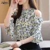 Blusas Mujer De Moda Sommer Chiffon OL Kurzarm Shirt Frauen Lose Blume Off-Schulter Pullover Bluse Top 8982 50 210508