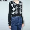 Kadın Hırka Vintage Şık Geometrik Desen Kısa Örme Kazak Moda Uzun Kollu İngiltere Stil Giyim Chaqueta 210520