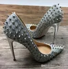 Silver Rivets Red Bottom Thin Heel Women Shoes Needle Rivet Pointy Toes Red Sole High Heels Pump Sequin Glitter 10 cm 12 cm 8cm 33-45 Wedding Dress Shoes