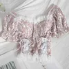 Retro Elegant Stitching Hollow Lace Puff SHIRT SHIRT blouse met borstkussen lente zomer taille riem bloemen dames tops 210420
