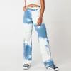 Kvinnor Y2K Tie Dye Streetwear Cargo Jeans Preppy Style Girl's Holiday Outfits High Waisted Straight Jogger Byxor Gotiska Kläder 210517