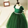 Dark Green Flower Girls Dresses Shining Sash Tea Length Party Dress Satin with tulle Ball Gown