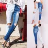 Kvinnors jeans kvinnors fashionabla kontrastfärg kvinnor avslappnad smal fit höst lapptäcke stretch hål blyerts personlighet byxor femme