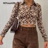 Heyoungirl Brown Vintage z długim rękawem Koszula Kobiety Casual Y2K Cropped Tops Tees Fashion Button Up T-shirt Spring Streetwear Y0629