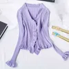 Spring Autumn Women's Short Cardigan Sexy ruffles Long-sleeved Knitted Section Exposed Navel GD556 210506