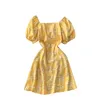 Lato Elegancka Retro Mini Dress Dla Kobiet Z Kwadratową Neck Rękawem Puff Sexy Vintage Casual Lady Drukuj Vestido 210420