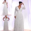 2021 Barato Plus Size Vestidos de Noiva de Laço Completo com mangas compridas removíveis V Pescoço Vestidos nupciais Comprimento de chão Um vestido de casamento