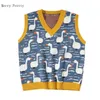 Winter Women Sweater Vest Chic Cartoon Duck Embroidery Jacquard Knitted Sleeveless V-neck Sweet Sweaters Girl Pullovers Top 210819