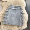 Neploe High Waist Hip A Line Denim Skirt Kvinnor Knapp Design Solid Jupe Femme Vår Sommar Outwear Faldas Mujer 210510