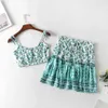 Boho Summer Dress Sets Sexy Beach Mini Suits Women Green Cropped Two Pieces Sundress Vestidos 210427