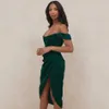 Primavera donna verde sexy senza spalline senza schienale pieghettato irregolare spaccato vestito aderente abiti celebrità sera del partito 210527