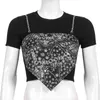 Drukowane łatane fałszywe 2 sztuka Kawaii Y2K T-shirt z krótkim rękawem Kobiet Letni Stretch Crop Top Black Koszula Tee Streetwear 210415