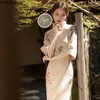 Этническая одежда старинные замшевые ткани Cheongsam женщин шикарные жемчужины шеи цветочные печати ципао вечеринка платье элегантные женские китайский традиционный драйф