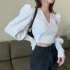 Lucyever Camicie da donna con maniche a sbuffo stile coreano Camicie sexy con scollo a V incrociate Top donna Camicette corte nere tutte abbinate 210521