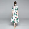 Zarif kadın Yay Yaka Balo Elbise Moda Pist Yaz Kısa Kollu Şifon Gül Çiçek Baskı Uzun Elbiseler 210514