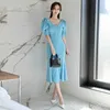Blue Maxi longo vestido para mulheres verão manga curta v pescoço poliéster senhoras sexy party escritório coreia sereia vestidos 210602