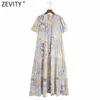 Zevity Women Vintage Rękaw Puff Press Plised Piersed Casual Midi Dress Sukienka Samica Patchwork Drukowanie Vestido Dresses DS8217 210603