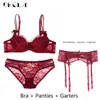 Briefs Panties Thin Cotton Bras Push Up Women Lingerie Pink Sexy Bra Set 3 Piece Bra+Panties+Garter Lace Underwear Set Brassiere Embroidery L2304