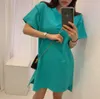Koreanische Chic Sommer Allgleiches Candy Farbe O Hals Kurzarm Kurze Vordere Rückseite Lange Split T-shirt Kleid Frauen Mini Casual 210610