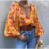 Off Shoulder Both Sleeve Bluzki Backless Koszule Kobiety Lace Up Orange V-Neck Woven Women Summer Streetwear 210514