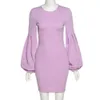 Jocoo Jolee Elegant kontor Lady Sheath Short Dress Casual Slim Purple Mini Dress Spring Long Lantern Sleeve O Neck Bodycon Dress 210518