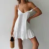 Robes d'été Femmes Hors Épaule Spaghetti Strap Blanc Robe Droite À Volants Sexy Robe D'été Mini Coton Lin Robe De Plage Vestidos 210521