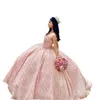 Glittery Tulle Pealrs Perline Abiti Quinceanera Rose Pink Senza spalline Corsetto Indietro Abiti da ballo Prom Sweet 16 Dress Puffy 2022