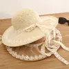 Elegante cappello di paglia da donna Lolita Cappellino estivo per protezione solare all'aperto Cappellino per vacanze in spiaggia Cappellino con fiocco in pizzo Cappelli a tesa larga da sposa fatti a mano