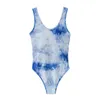 Women Fashion Blue Tie-dye Print Summer Beach Style Bodysuit 2021 Sexy Lady Bodycon Sleeveless Tops Bodysuits Femme Women's Jumpsuits & Romp