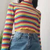 Women's Warm Sweater Female Fashion Rainbow Ladies High Collar Short Corp Tops Femme 210805