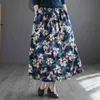 Johnature Dames Vintage A-lijn Rokken Print Floral Elastic Taille Linnen Hoge Kwaliteit Lente Vrouwelijke Kleren Casual Rokken 210521