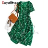 Suyadream Woman Green Floral Silk Dress 100% Silk Print V Neck Sashes Wrap Beach Dress Lato Midi Sukienki Vestidos 210603