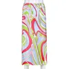 Paisley imprimé Satin Stretch taille haute jupe longue femmes mode cravate colorant Kawaii vague été jupes pour femmes Streetwear 210415